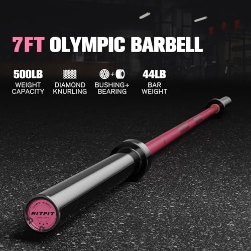 RitFit Elite 7ft Olympic Barbell, Robust 45lb Barbell for Weightlifting and Powerlifting, Superior Olympic Bar with Exceptional 500lbs Load Capacity, Weight Bar for 2” Standard Plates - color: Pink, size: 7 ft 500 lb 45 lb without Collar