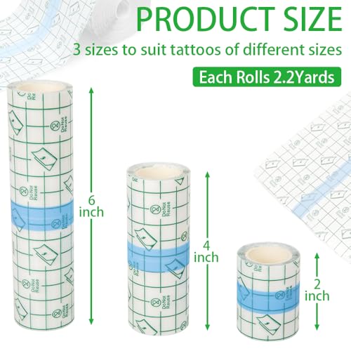 Flatoedu 3 Rolls Tattoo Aftercare Bandage - Waterproof Transparent Film for Tattoo Initial Healing and Skin Repair Adhesive Tattoo Supply Wrap Second Skin Tattoo Cover (2 Inch, 4 Inch, 6 Inch) - size: 2\4\6 x 72in