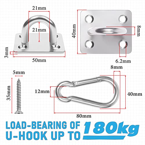 PAMAZY 2PCS M8 Premium Heavy Duty Square Stainless Steel Pad Eye Hooks + 2PCS Snap Hooks and 8PCS Screws with 8PCS Plastic Expansion Tube, Ceiling Hooks Heavy Duty for Outdoor Indoor Activity