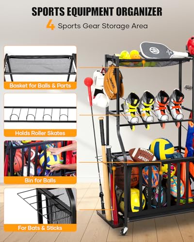 EXTCCT Garage Sports Equipment Organizer with Wheels - Golf Bag Storage Rack and Ball Storage Bins, Heavy Duty Rolling Garage Organizer System with Basket and Hooks for Indoor (Black-Large) - color: Black - Large