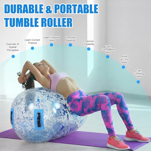 Gemscream Gymnastics Barrel Inflatable Air Roller Mat 40" x 24" Glitter Tumbling Air Barrel Gymnastic Cylinder Tumble Equipment for Back Handspring Trainer Cheerleading Yoga Home Use - color: Glitter Blue