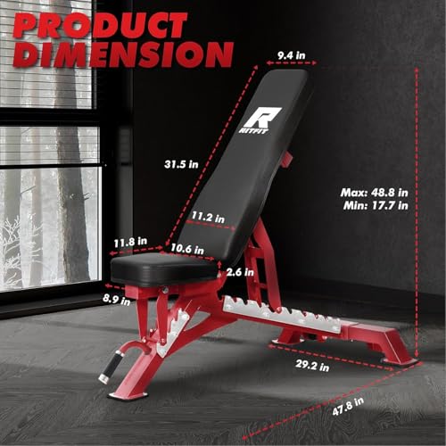 RITFIT Adjustable Weight Bench, Incline Decline Flat, 1300LB Capacity | Full Body Workout Bench for Home Gym Strength Training, 10 Backrest Positions, 3 Seat Angles, Heavy Duty Steel Frame - color: Red, with 2x5lb Rubber Hex Dumbbells