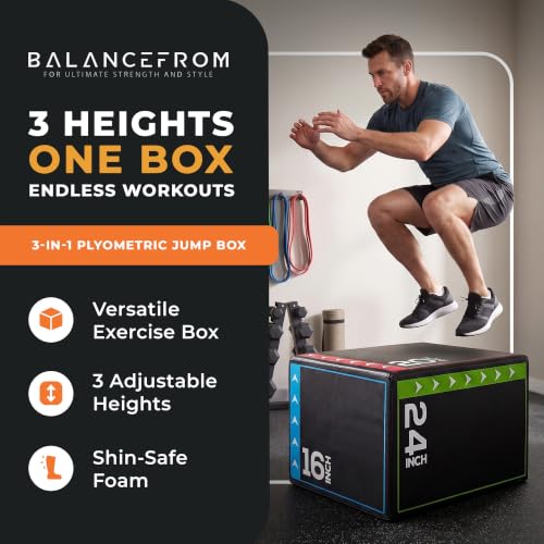 BalanceFrom 3-in-1 Foam Plyometric Jump Box for Home Gym with Multiple Height Options – Versatile Plyo with Non-Slip Surface for Strength, HIIT, Step-Ups, and Agility Training - color: Multi-Color, style: 20 x 24 x 16 inch (10lbs)