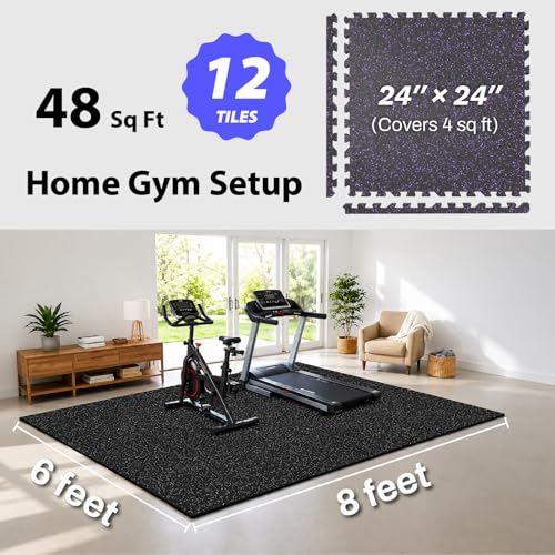 AIRHOP 1'' Ultra-Thick 48 Sq Ft Rubber Top Gym Flooring for Home Gym | 12 Tiles, High Density EVA Foam, Waterproof & Non-Slip Rubber, Interlocking Puzzle Mats, Heavy Duty Floor Protection, 24"x24" - color: Black/Purple, size: 48 Sq Ft (12 Tiles)