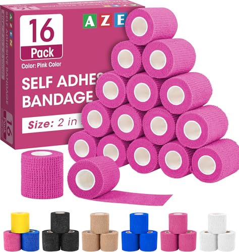 AZEN 16 Pack Self Adhesive Bandage Wrap Pink, 2" X 5 Yards Elastic Cohesive Bandage Wrap, Athletic Tape, Vet Wrap, Ankle Tape, Tattoo Grip Tape Wrap (Pink) - color: Pink, size: 2 Inch