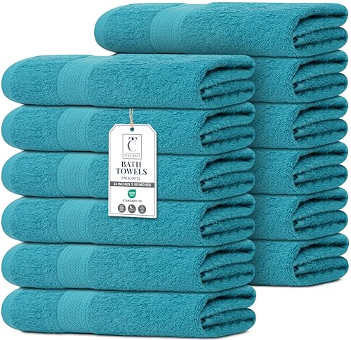 Commercial Bulk Pack of 12 Large Bath Towels – 100% Cotton Terry 24" x 50" – Ideal for Hotels, Salons, Gyms, Spas & Institutional Use – Teal Blue - color: Teal, size: 24"x50" - PK 12