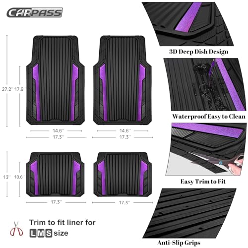CAR PASS Heavy Duty Rubber Car Mats Metallic,Aluminum Film All Weather Floor Mats Waterproof Universal Trim to Fit SUVs Sedans Vans 4 Piece Anodized Deep Dish Two-Tone Sporty Black Purple Chrome - color: BLack Purple