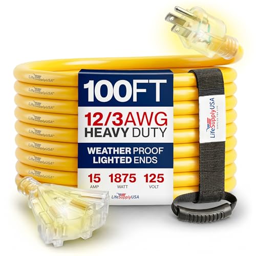 100ft Outdoor/Indoor Extension Cord 3-Outlet 12/3 Gauge Extra Heavy Duty 3 Prong SJTW, Waterproof, Flexible Cold-Resistant Long Power Cord,15A 125V 1875W, Yellow by LifeSupplyUSA - color: Yellow, size: 100FT