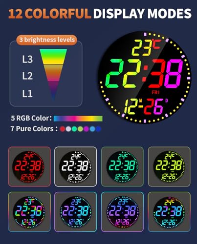 12" Large Digital Wall Mount Clock, Count Down Timer, Alarm, Big LED, 12 RGB Color, Temperature for Living Room Classroom Desk, Xmas, Birthday Gift for Senior Mom Dad (Round) - style: Black shell - Basic