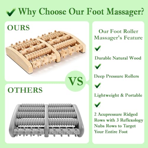 Dual Foot Massager Roller, Wooden Foot Massager, Gifts for Women and Men | Fast Relief for Plantar Fasciitis, Acupressure Tool with Reflexology Chart, Pain Relief for Seniors & Desk Workers