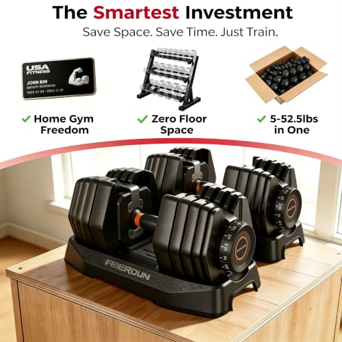 FEIERDUN DB1 QuickDial Adjustable Dumbbell Set, 15-in-1 Adjustable Weights with Storage Box & App, 105lb/52.5lb Quick Change for Drop Set, Superset & HIIT Home Gym, Non-Slip Handles, 3-year Aftersale Service