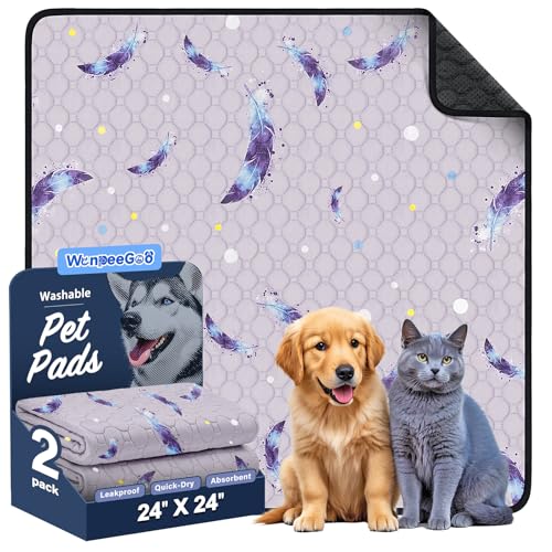 Washable Dog Pee Pads, Non-Slip Waterproof, 24 x 24 in, 2 Pack, Feather | Super absorbent, waterproof and non-slip; washable, reusable dog pads for crates, playpens, floors, furniture and travel - color: Feather Pattern, size: 24"x24"(Pack of 2)
