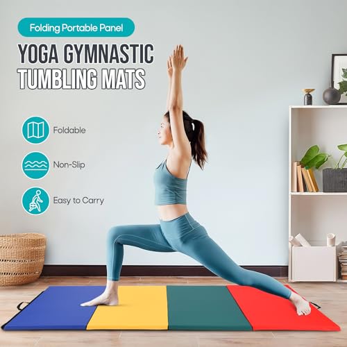 Gymnastics Mat - Tumbling & Exercise - 4 Folding - Indoor/Outdoor - Extra Thick - High Density - Yoga & Arts - color: Colorful