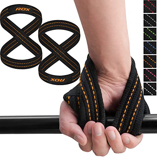 RDX Weight Lifting Straps Figure 8, Anti Slip Strap with Cuffs Wrist Support for Gym Workout Deadlift Powerlifting Bodybuilding Weightlifting, Fitness Strength Training, Hand Bar Grip for Men - color: BLACK ORANGE, size: Small