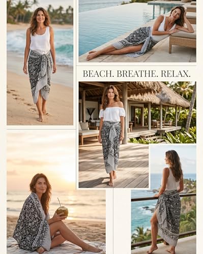 Beach Cover Ups for Women, Cotton Sarong Wrap Pareo | 100% Cotton Sarong Wraps For Women, 73 x 44 In. Pareo Beach Wrap, Bikini Cover Up, Bathing Suit Cover Up, Resort Wear - color: Black Flower Print