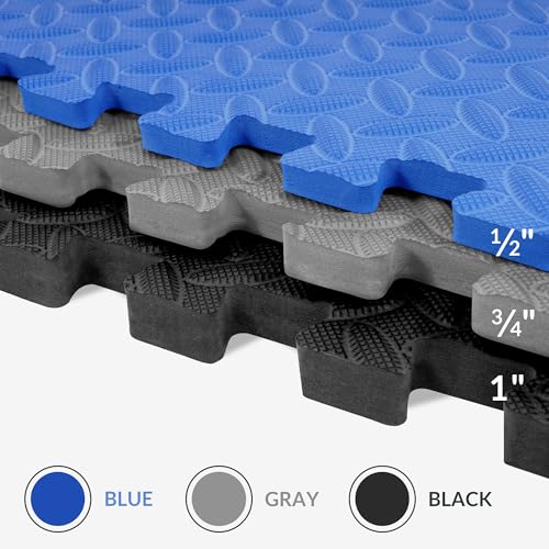 Fitvids Puzzle Exercise Gym Flooring Mat, 3/4" Thick High-Density EVA Interlocking Tiles Workout Mat for Home Gym, Fitness Equipment, MMA, Gymnastics, 6-Piece Shock-Absorbing Exercise Mat (24 Sq Ft) - color: Navy, style: 3/4" Thick, 6 Tiles (24 Sq Ft)