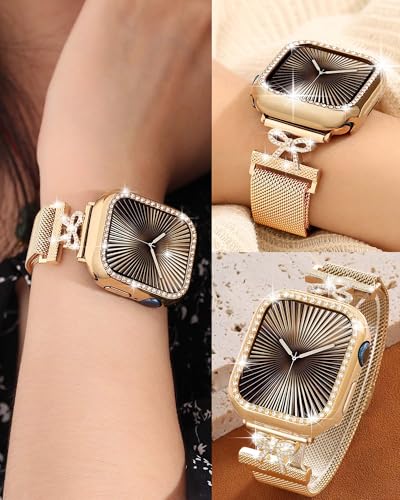 Metal Band Compatible with Apple Watch Bands for Women 38/40/41/42/44/45/46/49mm, Bow-Shaped Diamond Stainless Steel Magnetic Mesh Strap for iWatch Series 11 10 9 8 7 6 5 4 3 2 1 SE Ultra - color: Rose Gold, size: 42mm/44mm/45mm/49mm/46mm(series 11)