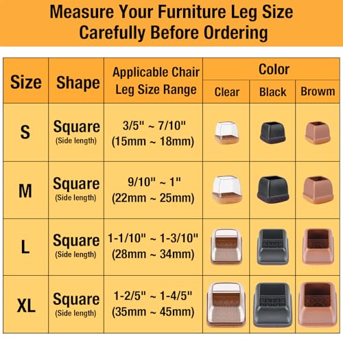 16-Pcs Square Silicone Chair Leg Floor Protectors, Thick & Durable | Protect Hardwood Floors from Scratches & Noise, Fit Dining Table & Bar Stool Legs (Fits 1-1/10" to 1-3/10") - size: L - 16 Pcs - Black