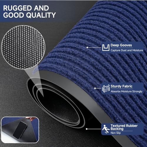 100pointONE Front Door Mat, Heavy Duty Indoor Outdoor Doormat, 48" x 24" Low Profile Outdoor Mats for Home Entrance, Stain and Fade Resistant Shoe Scraper Mat, Ideal for High Traffic Area, Blue - color: Blue Striped, size: 2' x 4' (Rectangular)