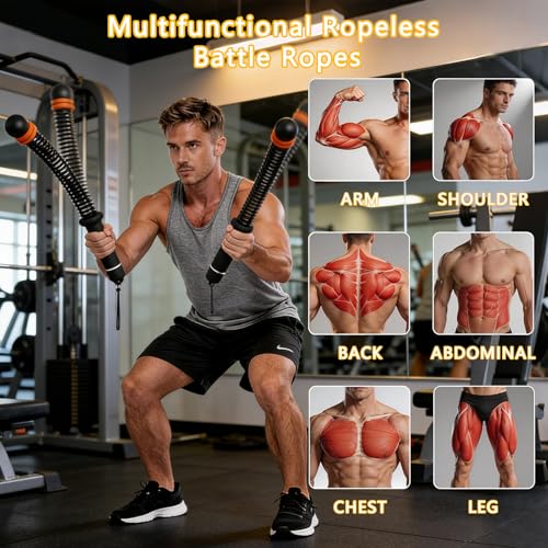 Portable Ropeless Battle Ropes, Cordless Battle Ropes for Home Gym with Adjustable Weights, Quiet Fitness Equipment Strength Training & Cardio Workout for Men Women (Black)