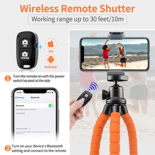 Aureday Phone Tripod, Flexible Tripod for iPhone and Android, Portable with Wireless Remote and Clip for Video Recording/Vlogging/Selfie (Orange) - color: Orange
