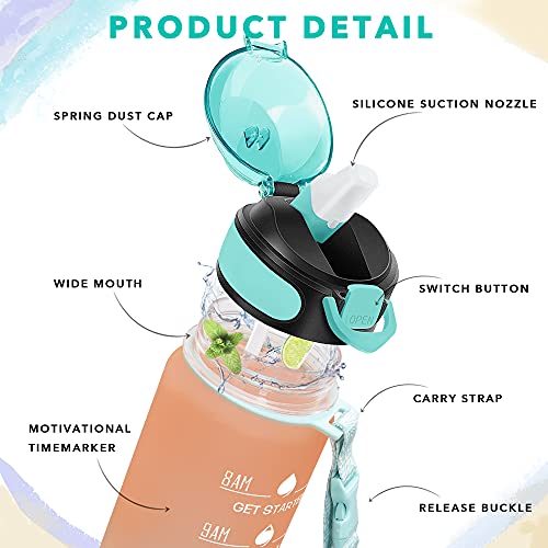 Enerbone 32 oz Water Bottle with Times to Drink and Straw, Motivational Drinking Water Bottles with Carrying Strap, Leakproof BPA & Toxic Free, Ensure You Drink Enough Water for Fitness Gym Outdoor - color: Orange-Green