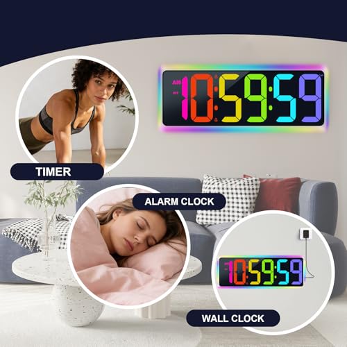 TXL 17.2" WiFi Digital Wall Clock with Seconds, Large Countdown Timer for Classroom Home Gym Office, Alarm Clock with Remote Control, RGB Ambient Lights, 4 Dimmable Brightness, Auto DST(RGB) - color: Rgb