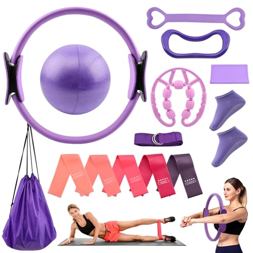 Pilates Essentials Kit for Women, 14 Pcs Home Workout Equipment with Pilates Circle Ball Ring Set Resistance Bands and Anti Slip Sock, Yoga Pilate Essentials Accessories - color: Purple