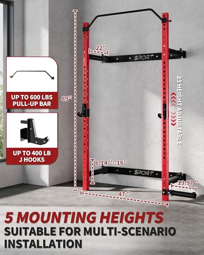 Folding Wall Mounted Squat Rack, 1000 Pounds Capacity Power Rack with Pull Up Bar, J Hooks and Other Attachments, Space Saving Multi-Functional Power Cage for Home Gym