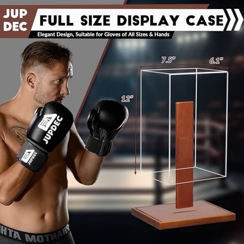 JupDec Boxing Glove Display Case, Clear Acrylic Showcase with Wood Base & Plank for Single Glove, Full Size UV Protection Souvenirs and Collectibles Box, Ideal Gift for Boxing Fans - size: 1 Pack