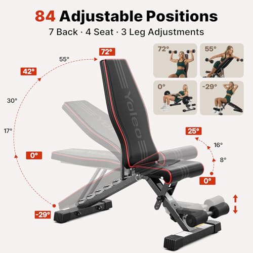 YOLEO Adjustable Weight Bench for Home Gym, ASTM-Certified 827LBS, 98% Pre-Assembled, Foldable Gym Bench with 84 Positions Incline Decline Flat, Wider Seat - size: L