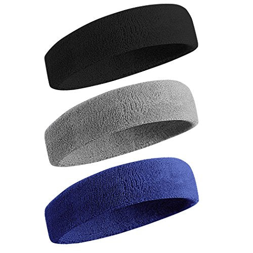 BEACE Sweatbands Sports Headband for Men & Women - Moisture Wicking Athletic Cotton Terry Cloth Sweatband for Tennis, Basketball, Running, Gym, Working Out - color: Black/Gray/Dark Blue