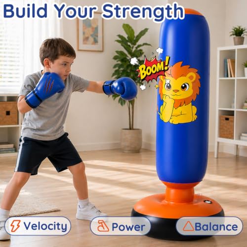 Inflatable Punching Bag for Kids with Boxing Gloves | 46 Inch, Stable Inflatable Boxing Bag, For Ages 3–6, Gifts for Toddler Boys and Girls, For Karate and Taekwondo