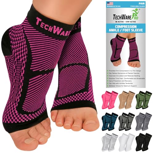 TechWare Pro Ankle Brace Compression Sleeve - Plantar Fasciitis Sock. Relieves Achilles Tendonitis. Foot Arch Support Reduces Joint Pain, Swelling & Heel Spur Pain. Injury Recovery Braces for Sports - color: Black / Pink, size: L / XL (see size chart)