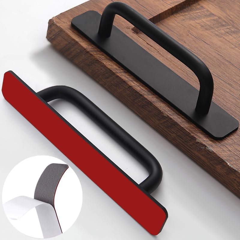 12 Pack 5 Inch 128 mm Self-Adhesive Matte Black Round Cabinet Handles with Base Plate Aluminum Cabinet Pulls for Sliding Door Charcuterie Board Black Drawer Handles Drill&Punch Free - color: RoundBlack 3M, size: 5 Inch
