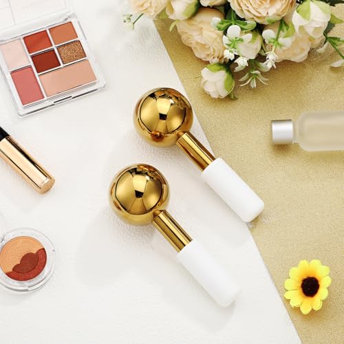 Baderke 2 Pcs Ice Globes for Face Stainless Steel Cooling Globes Unbreakable Cooling Roller Women Ice Balls Cryo Sticks Facials Skin Care for Dark Circles, Puffiness(Gold (White Handle)) - color: Gold (White Handle)