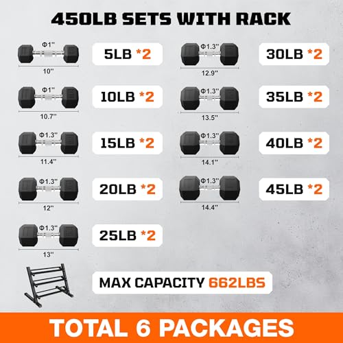 Dumbbell Sets with Rack, Rubber Hex Dumbbells, 160/220/280/360/450/550LBS, Hand Weights with Chrome Handle for Strength Training - color: 450lbs with Rack Pro