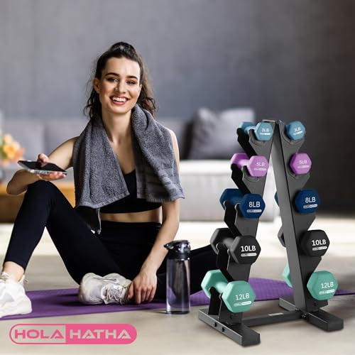 HolaHatha 1, 2 and 3 lb Neoprene Dumbbell Strength Training Weight Set with Rack - color: Blues, size: 76 LB