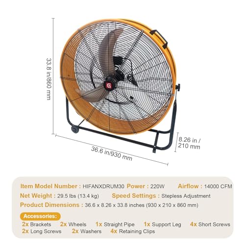 30" Industrial Drum Fan - Adjustable Floor Fan with14000 CFM High Velocity 3-Speed, Portable Air Mover for Warehouse, Garage, Workshop, Farm & Gym Ventilation