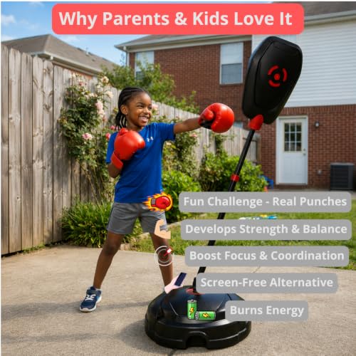 Punching Bag for Kids – Adjustable Boxing Bag with Stand & Gloves, Adjustable Height, Fun Training & Indoor/Outdoor Active Play, Durable Base – Kids Boxing Set for Ages 5+