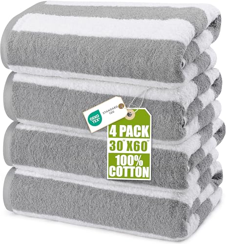 Utopia Towels Pack of 4 Cabana Beach Towels, Oversized 30 x 60 Inches Cotton Beach Towel Set, Smooth Ring Spun Texture for Pool and Swim Days, Modern Striped Design Bath Towels, Grey - color: Grey, size: 30 x 60 - 4 Pack