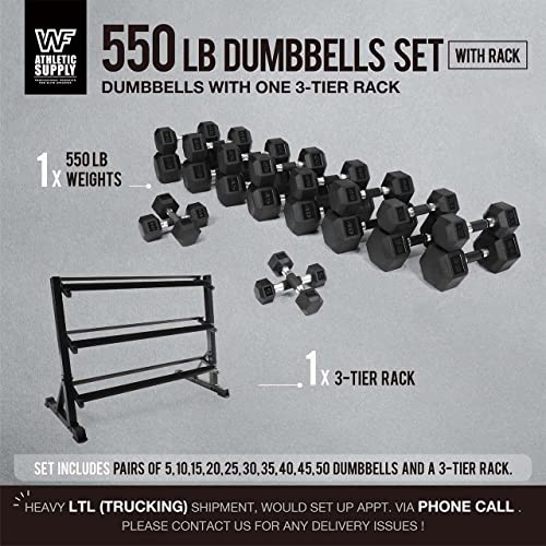 WF Athletic Supply Rubber Encased Hex Dumbbells with Rubber Grip Contoured Handle for Muscle Toning, Strength Building & Full Body Workout - color: x. 550LB Dumbbell Set w/ 3-Tier Rack