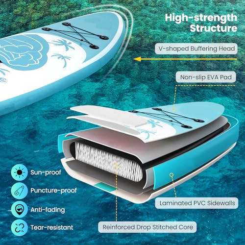 KOTEK 10FT/11FT Inflatable Paddle Board, SUP Paddleboard with Hand Pump, Safety Leash, Repair Kit, Carry Bag, Non-Slip EVA Deck, Stand Up Paddle Board for Youth & Adults - size: 11 FT, style: Light Blue Wave