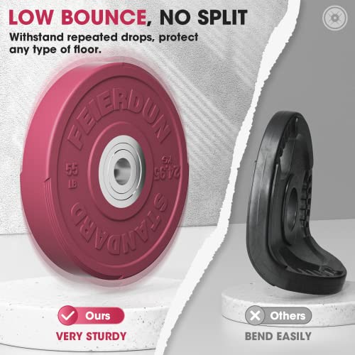 FEIERDUN Color Bumper Plate Set, 2-Inch Olympic Weight Plates, Low Bounce Rubber Barbell Plates with Stainless Steel Insert for Weightlifting, Strength Training, CrossFit & Home Gym, 10LB-370LB - style: F) 55LBS Single