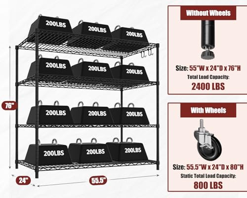 PrimeZone 55.5" W x 24" D x 80" H Heavy Duty Wire Storage Shelves with Wheels, 4 Tier Adjustable NSF Commercial Garage Shelving Unit, Rolling Metal Organizer Shelf Rack for Warehouse, Pantry, Black - size: 55.5"W x 24"D x 80"H