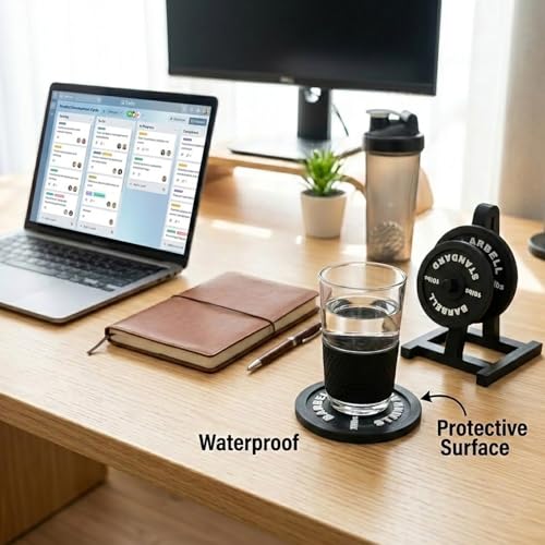 Weight Plate Coaster Set of 4 with Weight Rack Holder-Fun Drink Coasters for Gym Lovers & Fitness Enthusiasts-Unique Lifting Decor Gift for Home,Office, Man Cave-Heavy Duty & Durable,and Lightweight.