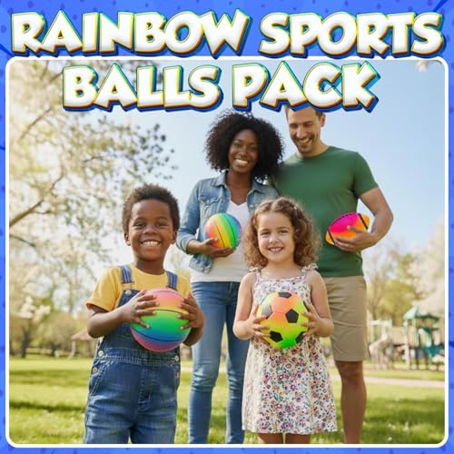 PlayBolt Sports Ball Set (4 Pack) - 5-Inch Rainbow Mini Basketball, Soccer, Football & Playground Balls w/Hand Pump - Fun Indoor Outdoor Toys for Toddlers, Little Kids, Preschoolers & Early Play - color: Rainbow, size: 5-Inch