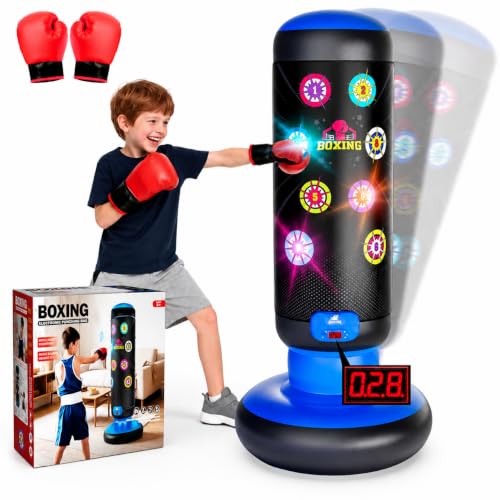 HopeRock Punching Bag for Kids, Boxing Set with Scoring, Light, Music, 4 Game Modes, Inflatable Boxing Bag with Gloves, Birthday Gifts Toys for 4-8-12 Years Old Boys