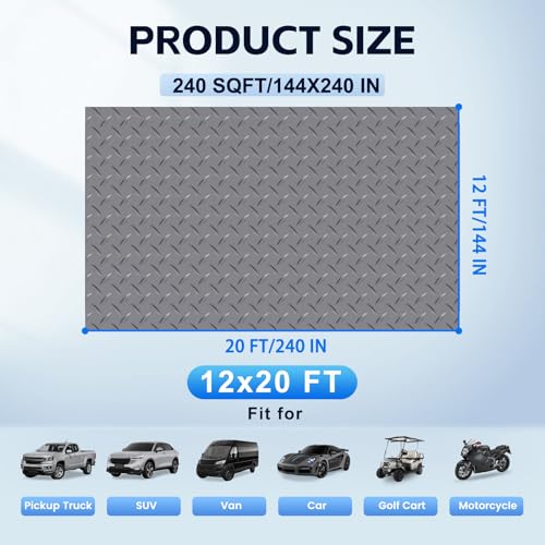 StellarStar 12x20 FT Garage Floor Mat, 2.8mm Thickened PVC Flooring Roll for Under Car, 240 SQFT Diamond Plate Gray Garage Mats for Garage, Warehouse, Basement, Factory, Trailer (Include Tapes) - color: Gray, size: 12x20 FT
