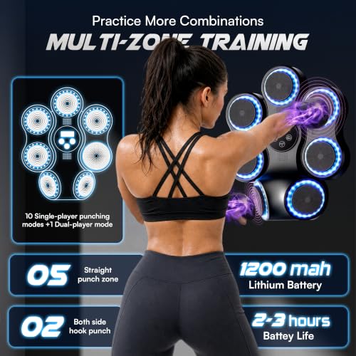 Music Boxing Machine with Gloves, Wall Mounted Punching Trainer with LED Light Up Targets, Bluetooth Rhythm Reaction Training Pad, 11 Modes & 9 Speeds for Adults & Kids Home Fitness & Stress Relief